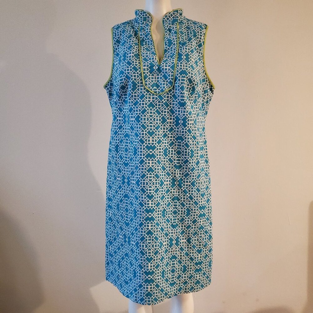 Eliza J Geometric Print Teal Knee Length Sheath Dress with Piping Size 12